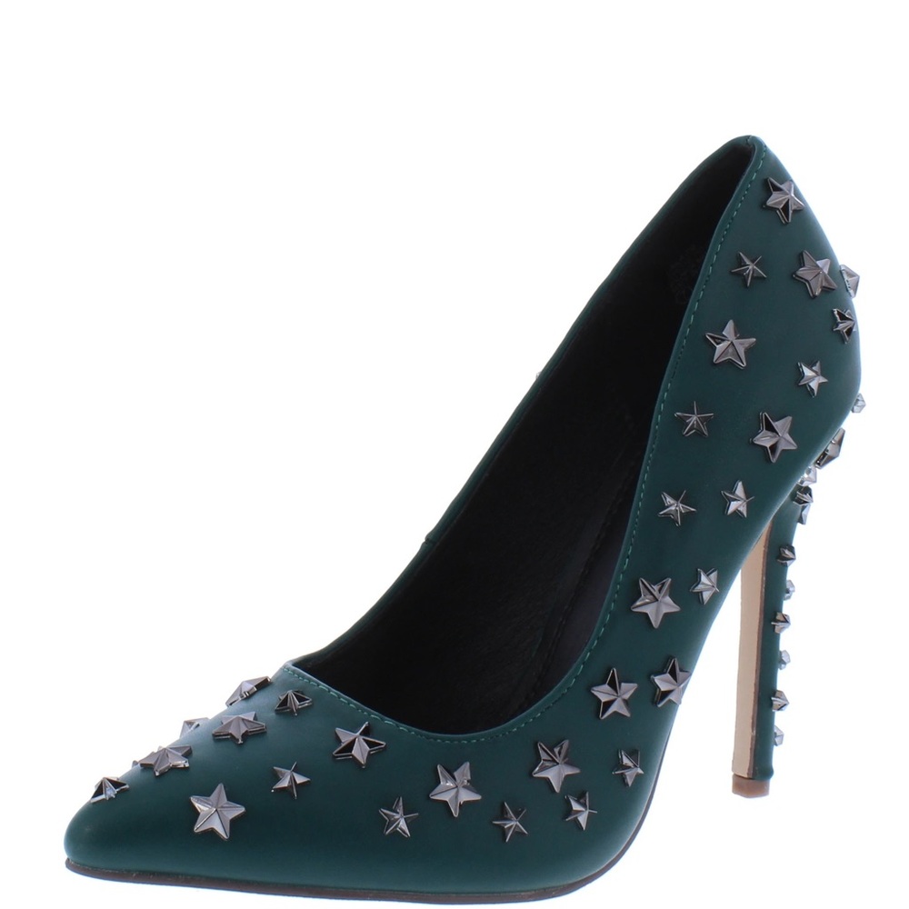 Green Vegan Leather Rockstar Studded High Heel Stiletto Pumps